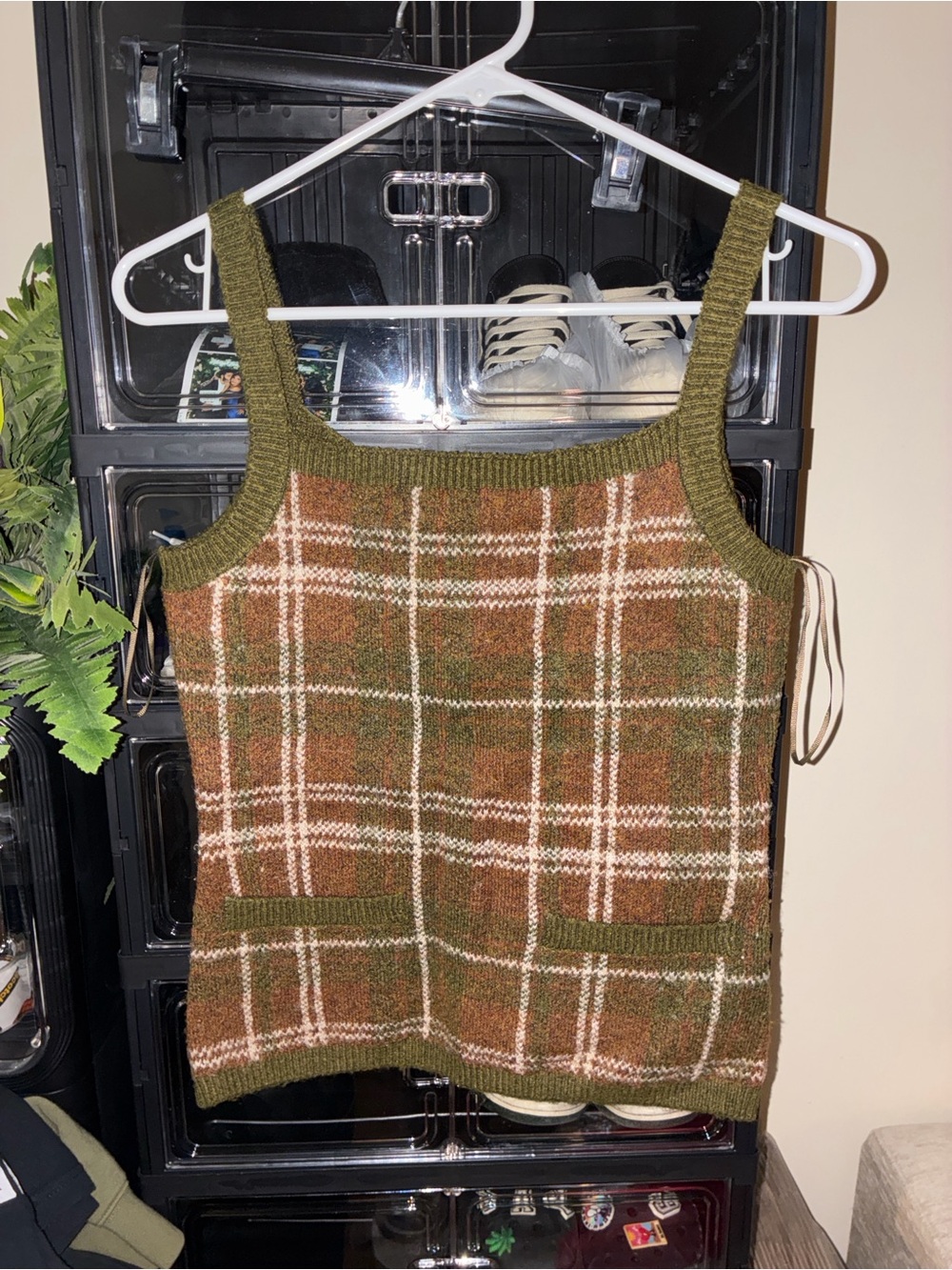 Zara Olive Green and Brown Plaid Knit Tank